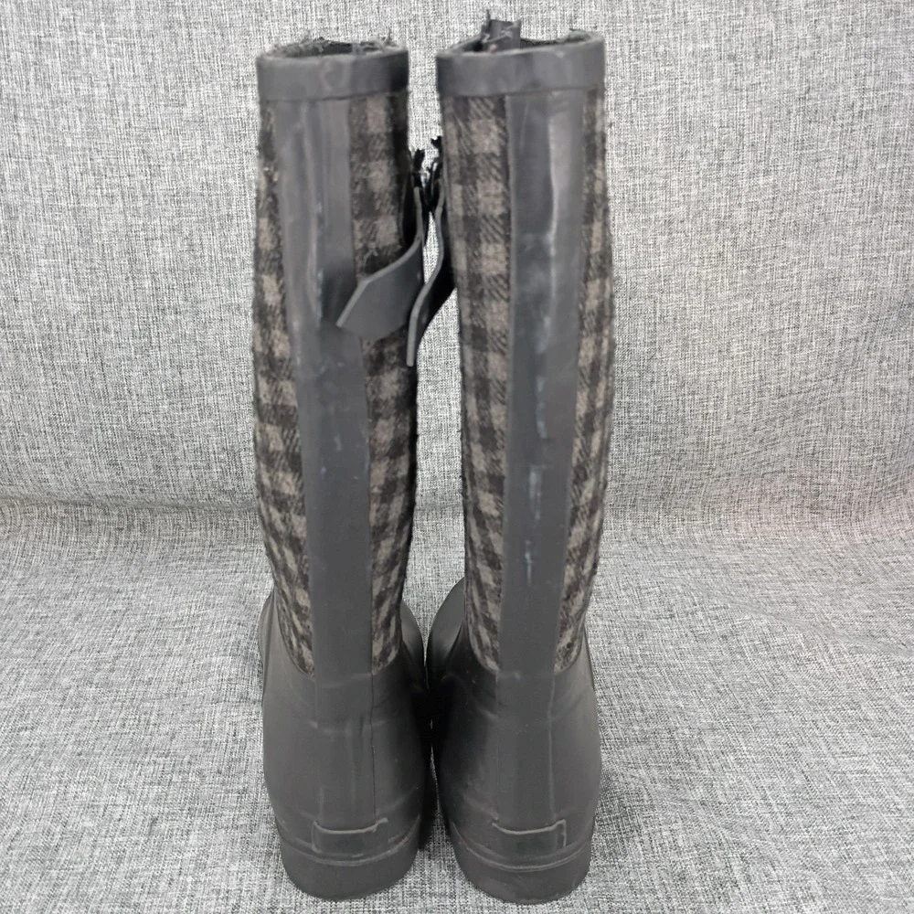 Apple Bottoms Womens 8 Plaid Rain Boots Black Gray Rhinestone Buckle Y2K Rubber